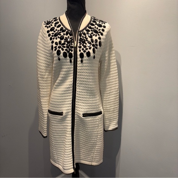 Boston Proper Women’s Bejeweled Long Line Wool Knit Sweater‎ cardigan Ivory SzM - Picture 1 of 16